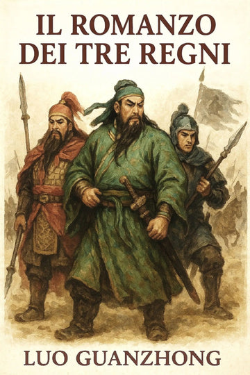 Book cover for 'Il romanzo dei Tre Regni' by Luo Guanzhong, featuring an illustration of three ancient Chinese soldiers in green, red, and dark armor against a warm beige background.