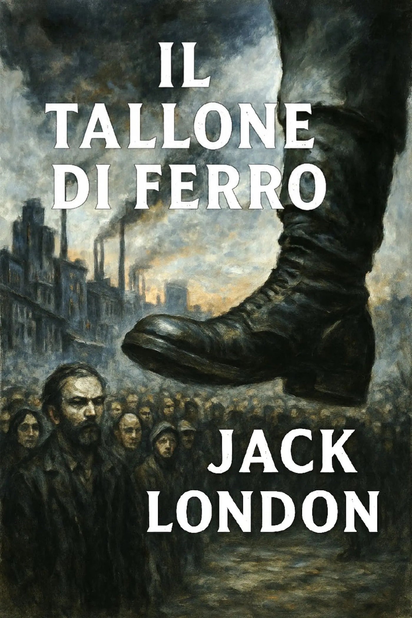 Book cover for 'Il tallone di ferro' by Jack London, featuring a dramatic painting of a large boot towering over a crowd in a smoky industrial city scene, with the title and author name in bold white text.