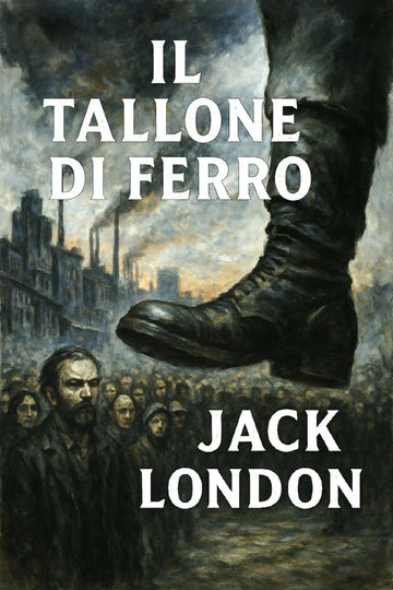 Book cover for 'Il tallone di ferro' by Jack London, featuring a dramatic painting of a large boot towering over a crowd in a smoky industrial city scene, with the title and author name in bold white text.