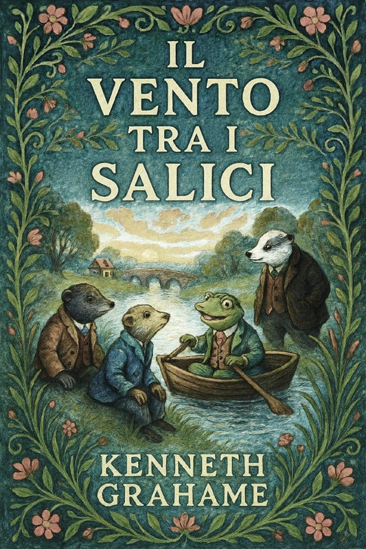 Book cover for 'Il vento tra i salici' by Kenneth Grahame, featuring an illustrated scene of four anthropomorphic animals rowing in a river, framed by a floral border with the title and author name in cream text.