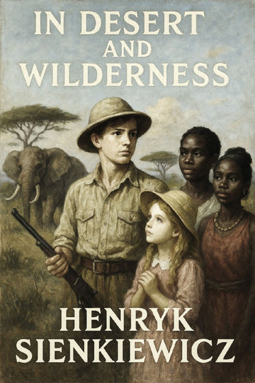 Book cover of 'In Desert and Wilderness' by Henryk Sienkiewicz featuring a man, woman, and child with elephants in the background.