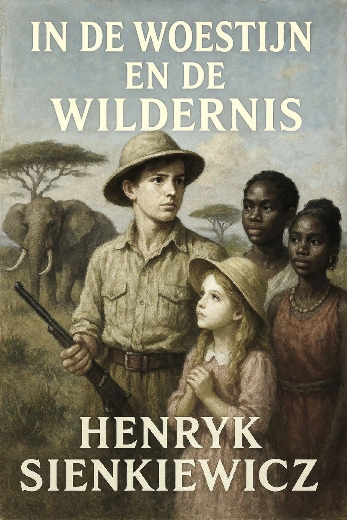 Book cover for 'In de woestijn en de wildernis' by Henryk Sienkiewicz, featuring an illustrated scene of a young explorer with two children and an elephant in a savanna landscape.