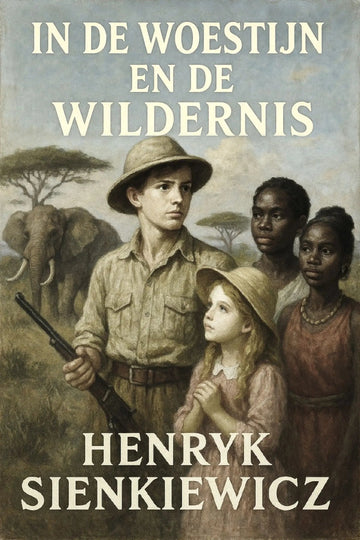 Book cover for 'In de woestijn en de wildernis' by Henryk Sienkiewicz, featuring an illustrated scene of a young explorer with two children and an elephant in a savanna landscape.