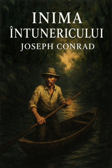 Book cover of 'Inima întunericului' by Joseph Conrad with a man in a boat on a dark background.