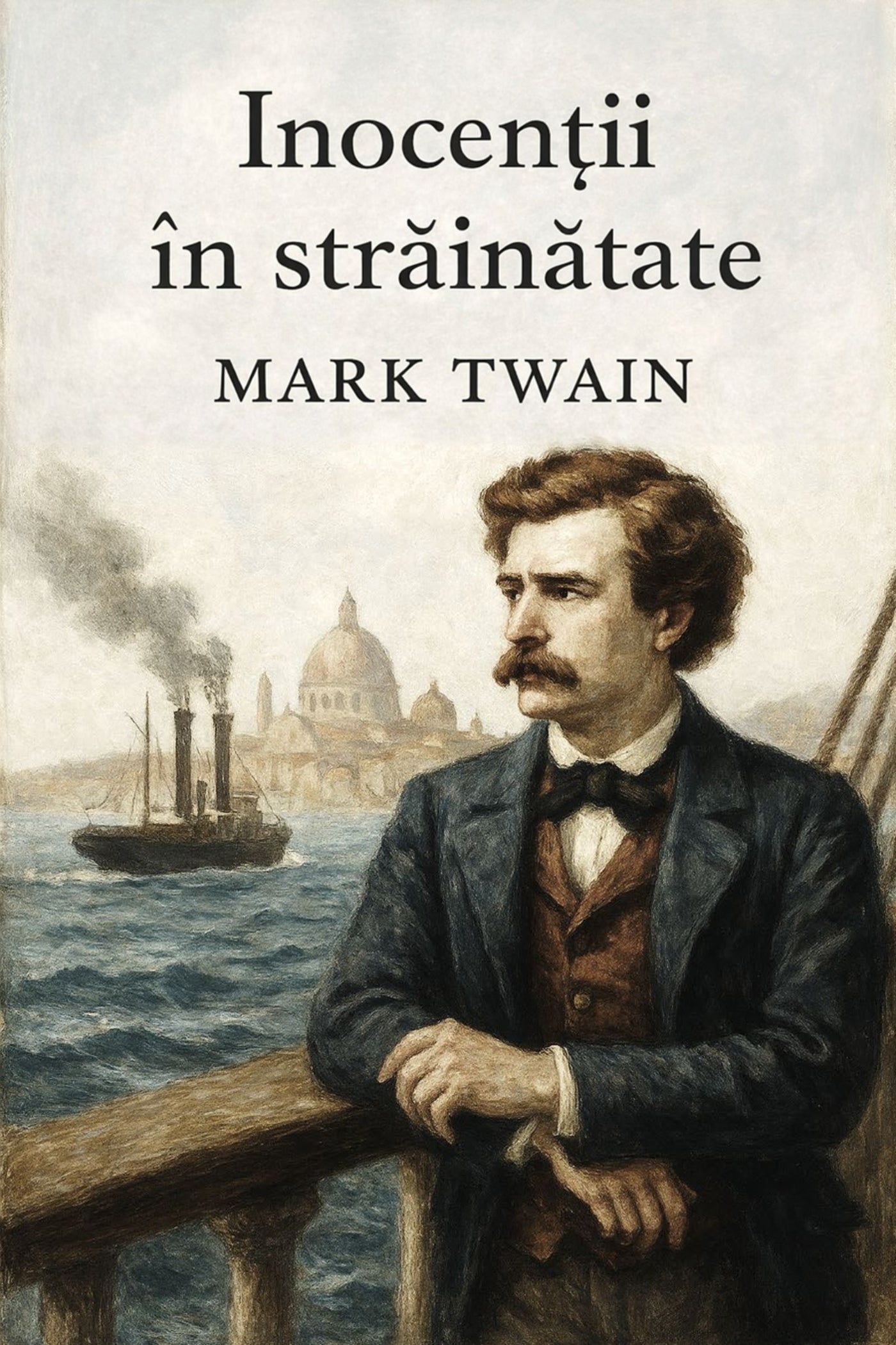 Book cover of 'Inocenții în străinătate' by Mark Twain with a man on a ship and cityscape.