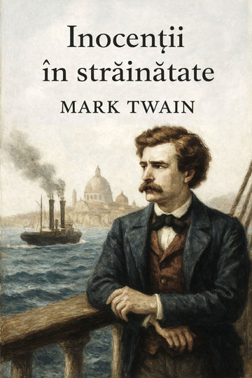 Book cover of 'Inocenții în străinătate' by Mark Twain with a man on a ship and cityscape.