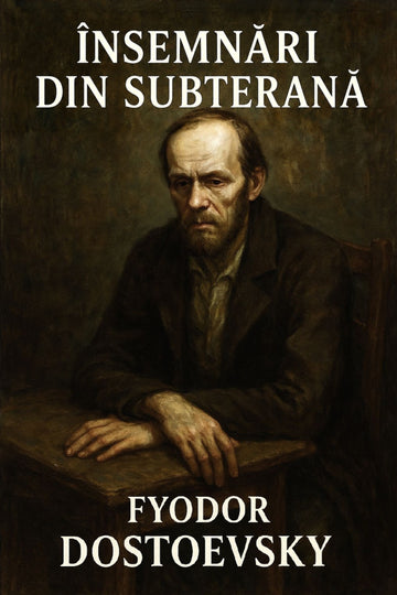 Book cover of 'Însemnări din subterană' by Fyodor Dostoevsky featuring a dark portrait of a man.