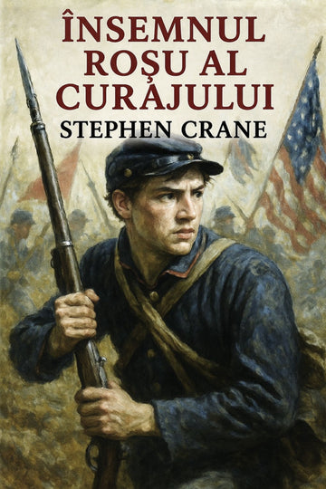 Book cover of 'Însemnul roșu al curajului' by Stephen Crane featuring a soldier with a rifle and flags.