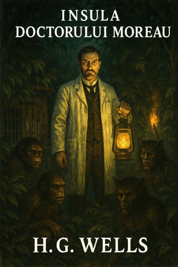 Book cover of 'Insula doctorului Moreau' by H.G. Wells featuring a man in a lab coat with a lantern and creatures.