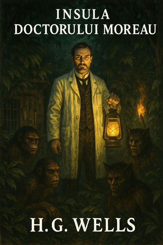 Book cover of 'Insula doctorului Moreau' by H.G. Wells featuring a man in a lab coat with a lantern and creatures.