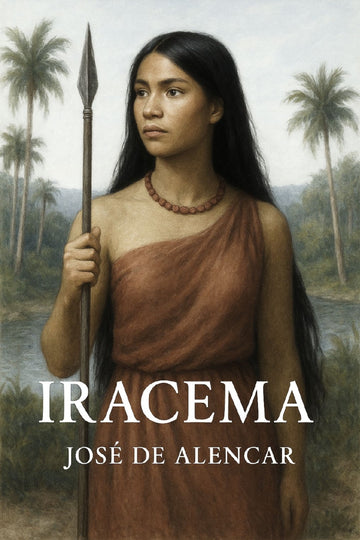 Book cover of 'Iracema' by Jose de Alencar with a woman holding a spear in a tropical setting.