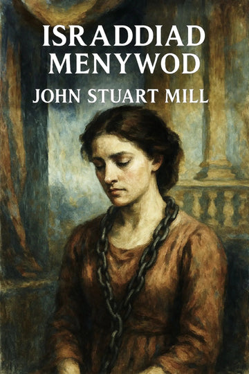 Book cover for 'Israddiad menywod' by John Stuart Mill, featuring a painted portrait of a woman in a brown dress with a chain around her neck against a dark interior background.