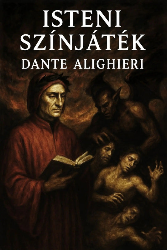 Book cover for 'Isteni színjáték' by Dante Alighieri, featuring a dark classical painting with figures and large white title text at the top.