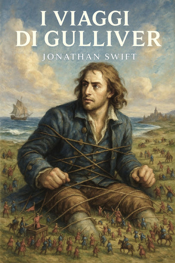 Book cover of 'I viaggi di Gulliver' by Jonathan Swift with a man on a beach and ships in the background.