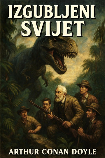 Book cover for 'Izgubljeni svijet' by Arthur Conan Doyle, featuring an illustration of a large Tyrannosaurus rex looming over four explorers in a jungle setting.