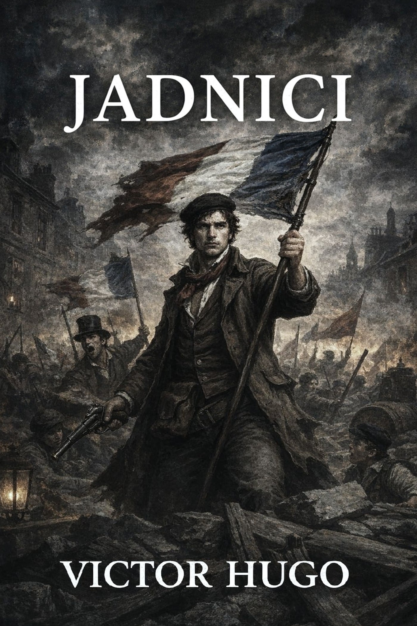 Book cover of 'Jadnici' by Victor Hugo featuring a person holding flags in a dark, stormy scene.