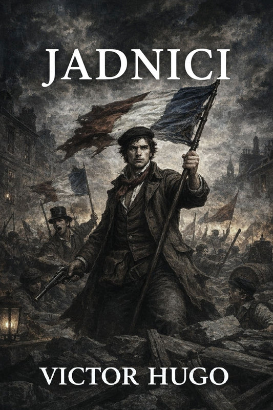 Book cover of 'Jadnici' by Victor Hugo featuring a person holding flags in a dark, stormy scene.