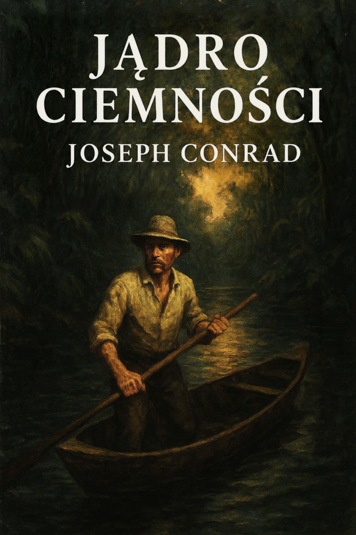 Book cover of 'Jądro ciemności' by Joseph Conrad with a man in a boat on a dark background.