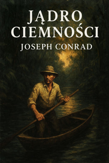 Book cover of 'Jądro ciemności' by Joseph Conrad with a man in a boat on a dark background.