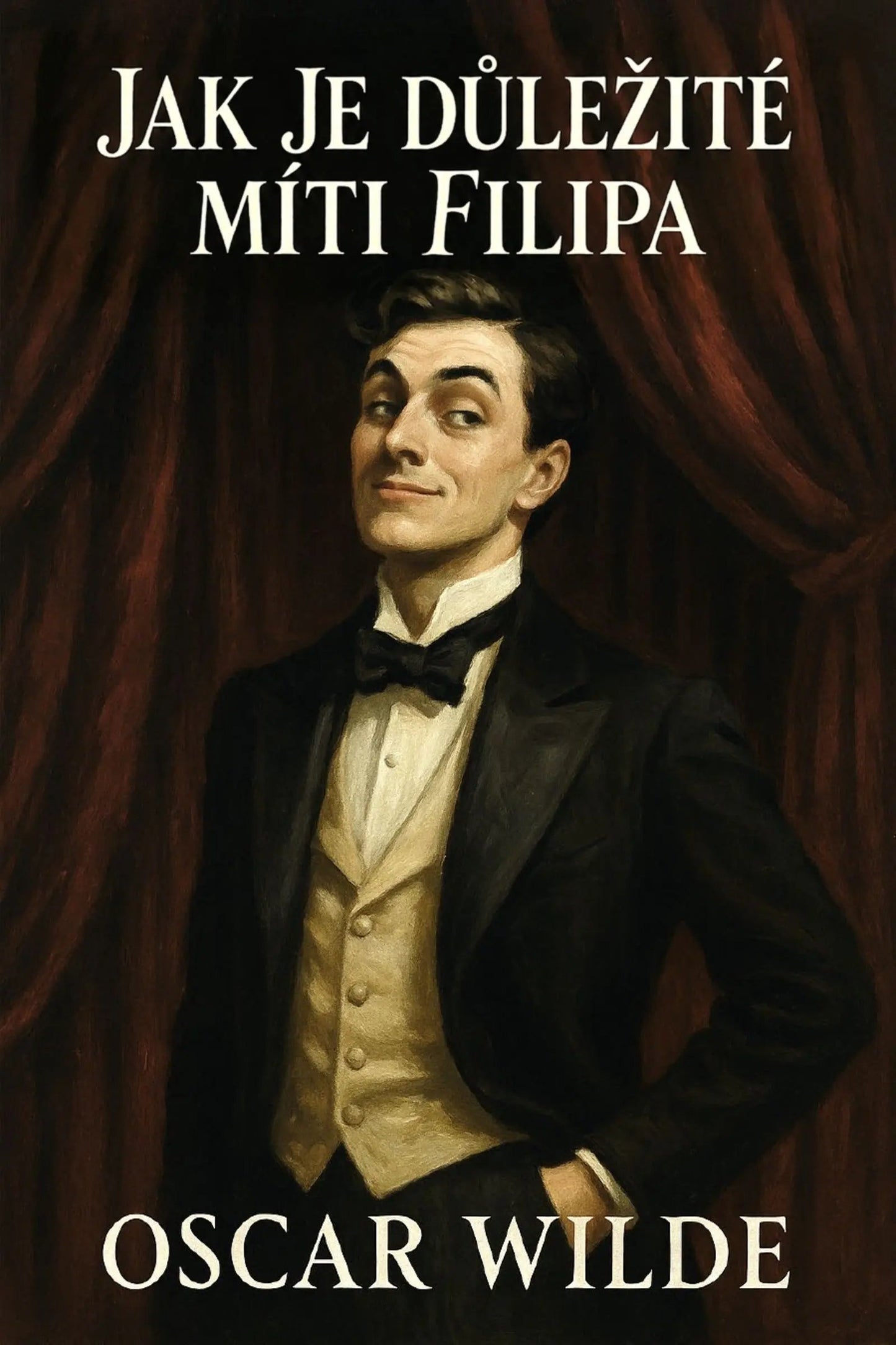 Book cover for 'Jak je důležité míti Filipa' by Oscar Wilde, featuring a portrait of a man in a black tuxedo and cream vest against a dark red curtain background.