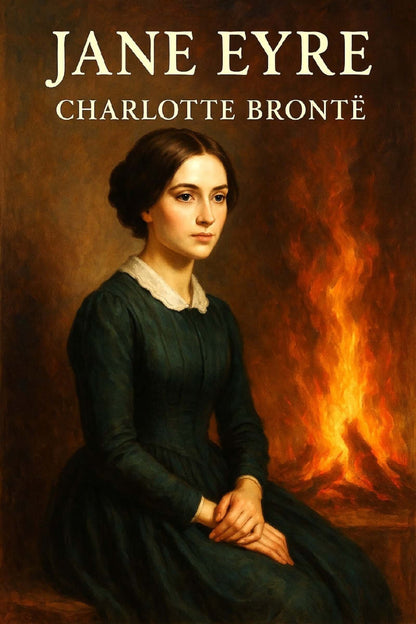 Book cover of 'Jane Eyre' by Charlotte Bronté featuring a woman in a dark dress against a fiery background.