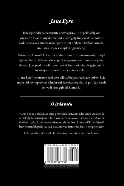 Back cover of a book titled 'Jane Eyre' with text and a barcode.