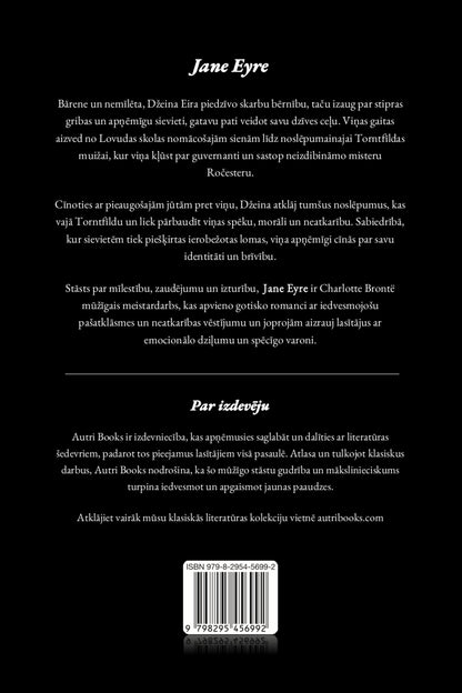 Back cover of a book titled 'Jane Eyre' with text in latvian and a barcode.