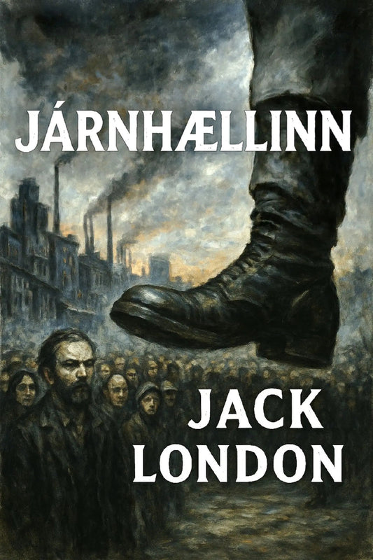 Book cover for 'Járnhællinn' by Jack London, featuring a dramatic painted scene of a large boot towering over a crowd in a smoky industrial city, with the title and author name in bold white text.