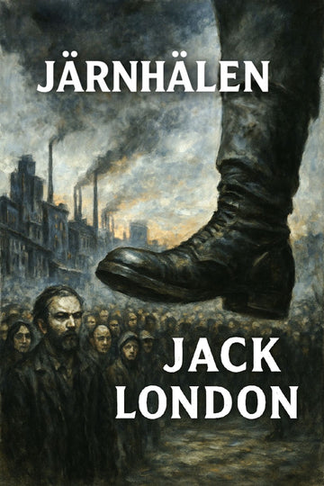 Book cover of 'Järnhälen' by Jack London with a boot stepping on a crowd and industrial background.