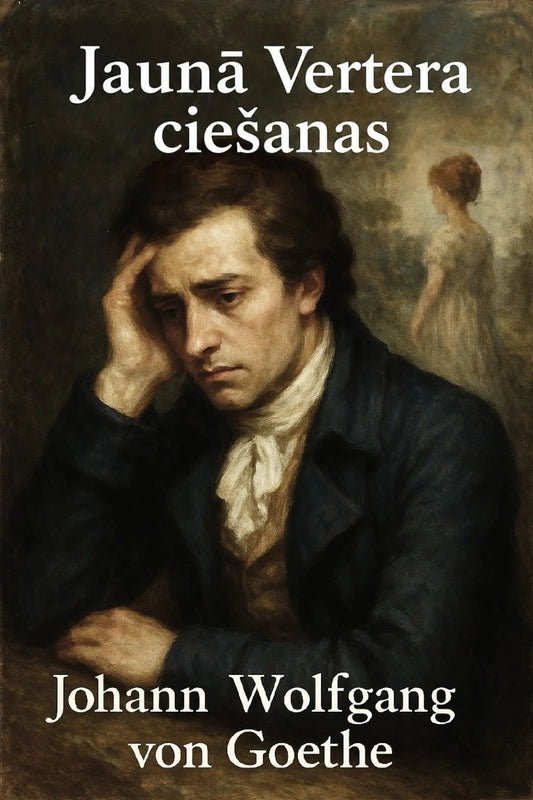 Book cover for 'Jaunā Vertera ciešanas' by Johann Wolfgang von Goethe, featuring a classical painting of a man in a dark coat and white cravat against a dark, painterly background.