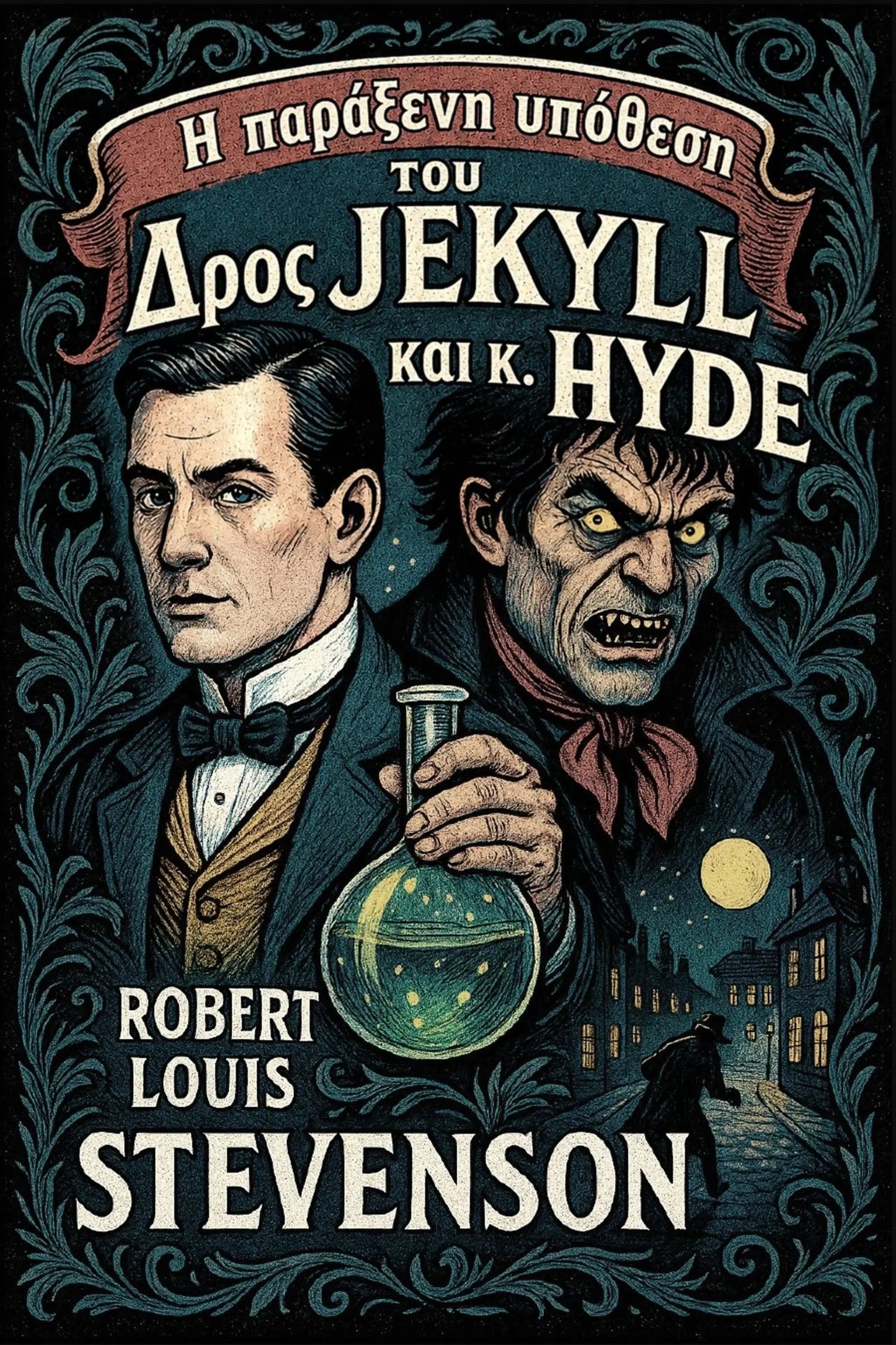 Book cover for 'Η παράξενη υπόθεση του Δρος Jekyll και κ. Hyde' by Robert Louis Stevenson.