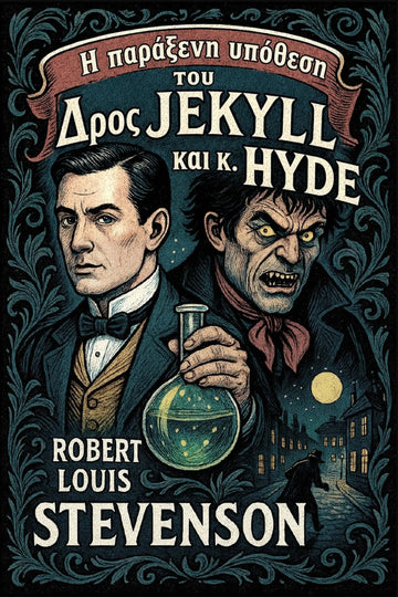 Book cover for 'Η παράξενη υπόθεση του Δρος Jekyll και κ. Hyde' by Robert Louis Stevenson.
