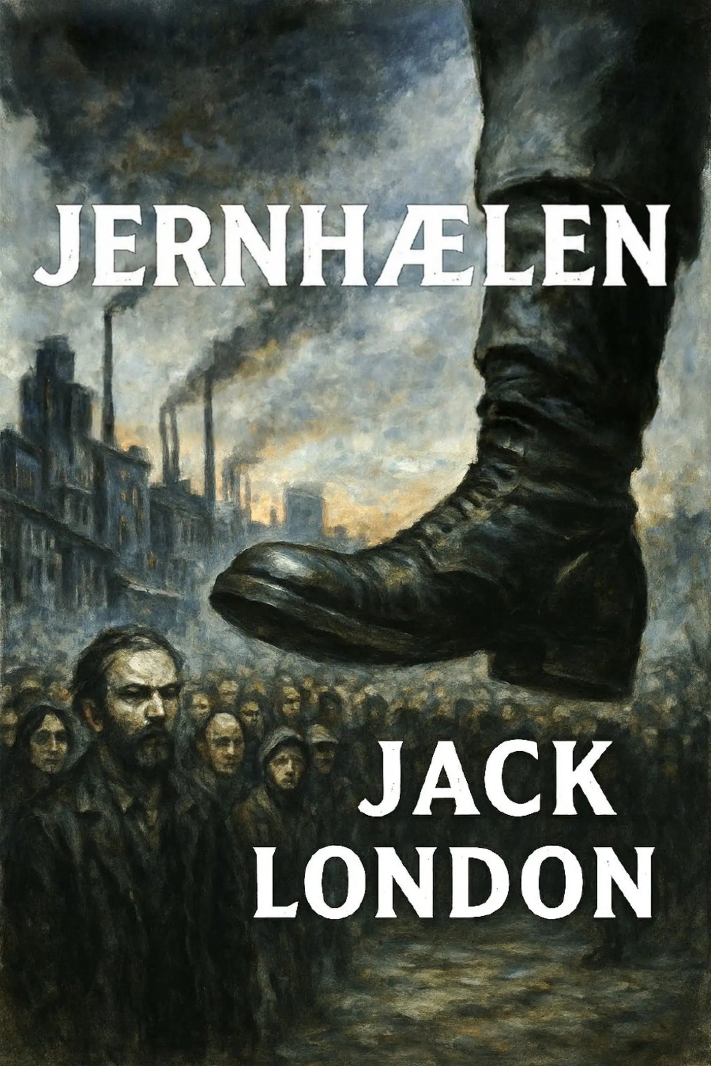 Book cover of 'Jernhælen' by Jack London with a boot stepping on a crowd and industrial background.