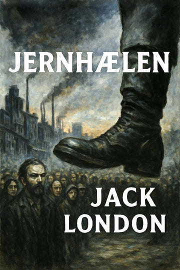 Book cover of 'Jernhælen' by Jack London with a boot stepping on a crowd and industrial background.