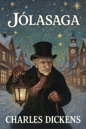 Book cover of 'Jólasaga' by Charles Dickens with a man holding a lantern in a snowy village scene.