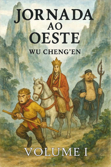 Book cover of 'Jornada ao Oeste' by Wu Cheng'en with illustrations of characters on a mountainous landscape.