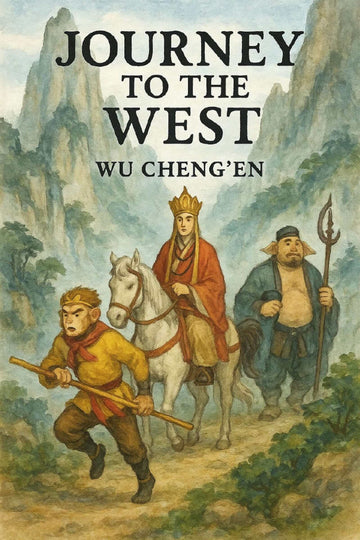 Book cover of 'Journey to the West' by Wu Cheng'en featuring three characters on a mountain path.