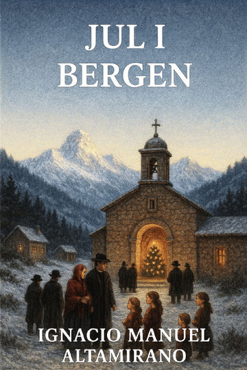 Book cover of 'Jul i bergen' with a church and mountain landscape