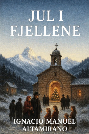 Book cover of 'Jul i fjellene' with a church in a mountainous landscape.