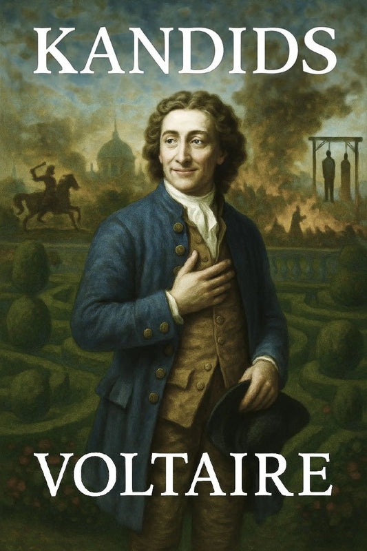 Book cover for 'Kandids' by Voltaire, featuring a portrait of Voltaire in an 18th-century blue coat against a painted garden and castle background, with the title and author name in large white text.