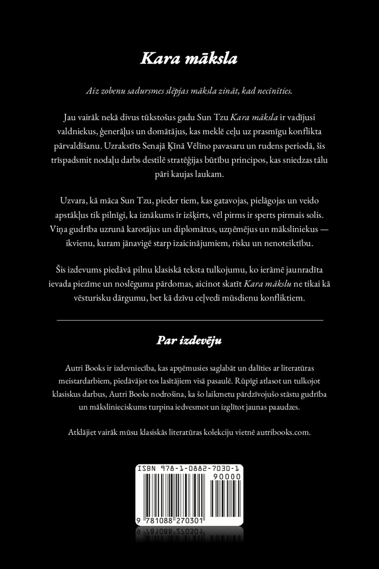 Back cover of Kara māksla with text in latvian and a barcode