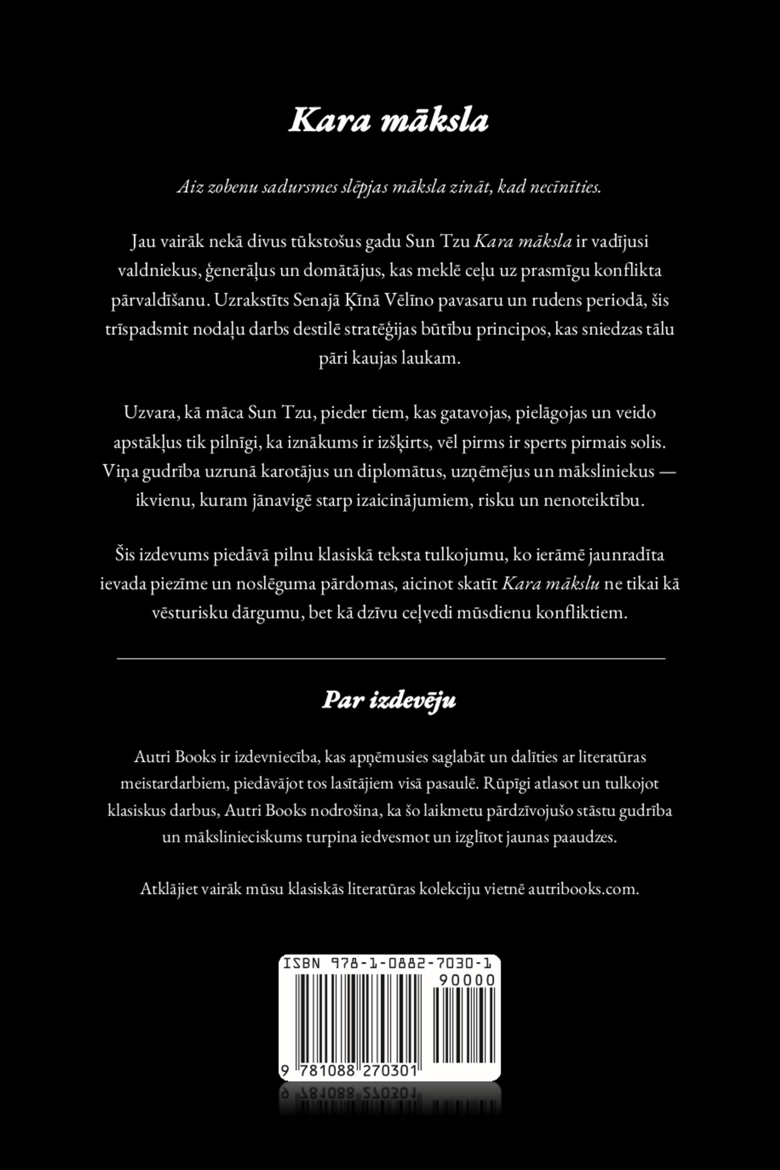 Back cover of Kara māksla with text in latvian and a barcode