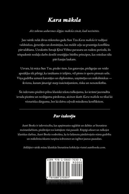 Back cover of Kara māksla with text in latvian and a barcode