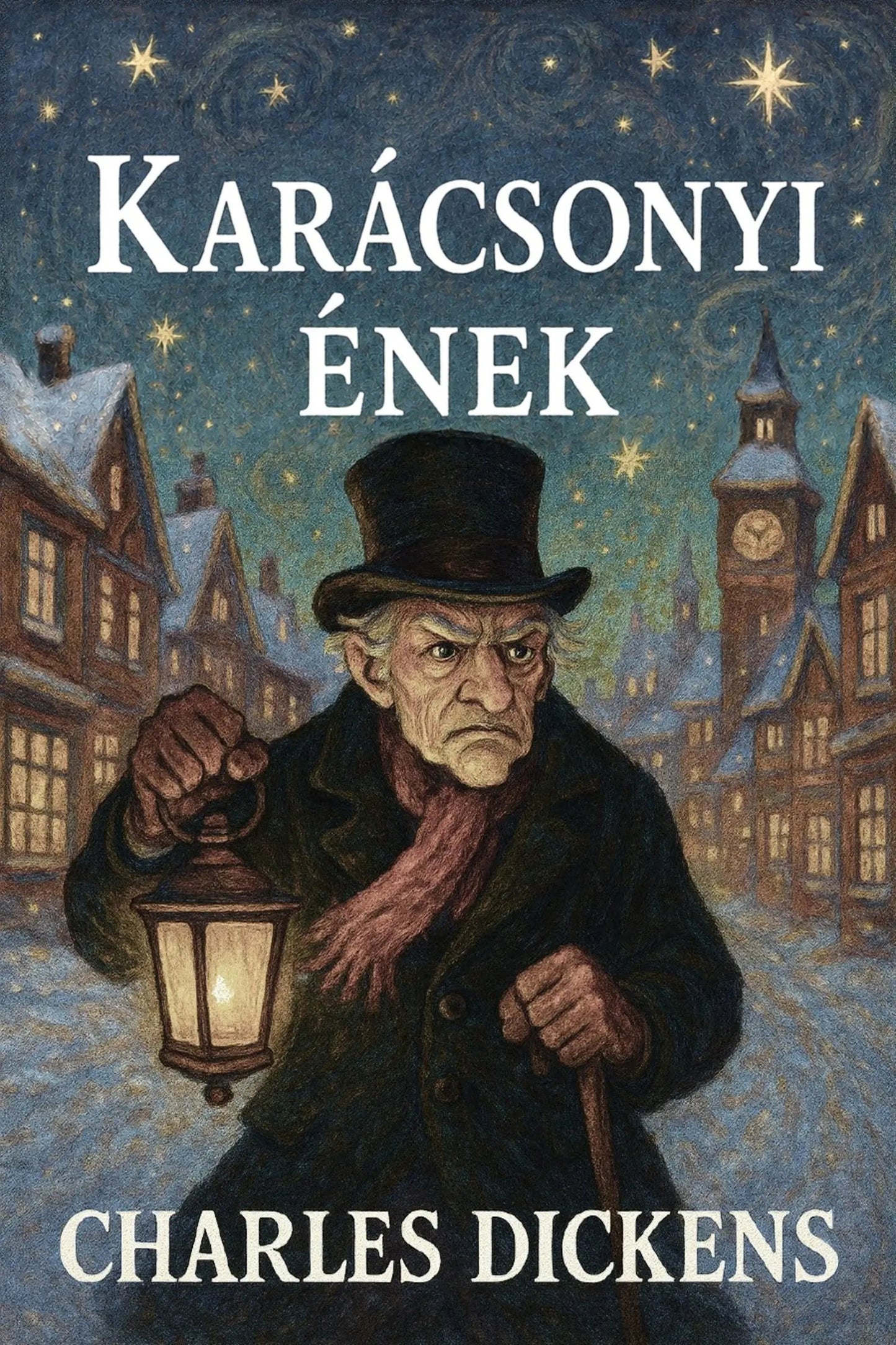 Book cover for 'Karácsonyi ének' by Charles Dickens, featuring an illustrated Victorian man in a top hat and coat holding a lantern in a snowy town street at night.