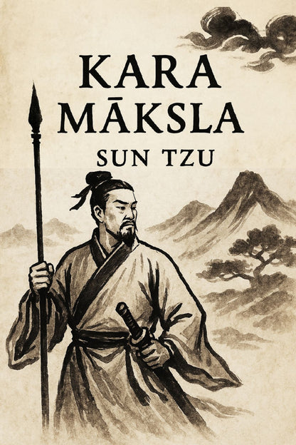 Book cover of 'Kara māksla' by Sun Tzu with a historical figure and landscape illustration.
