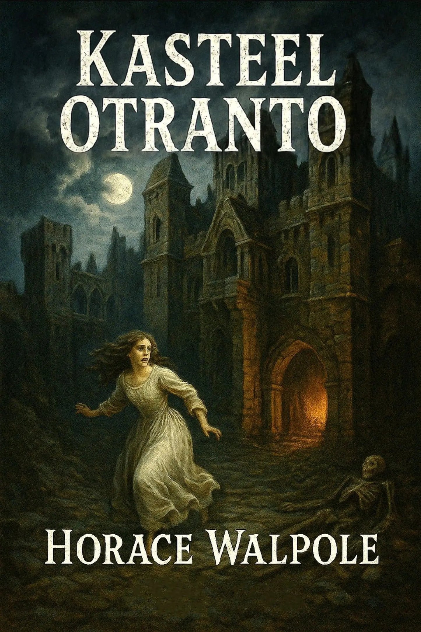 Book cover for 'Kasteel Otranto' by Horace Walpole, featuring a dark gothic castle at night under a full moon, with a woman in a white dress running in the foreground and a skeleton on the ground.