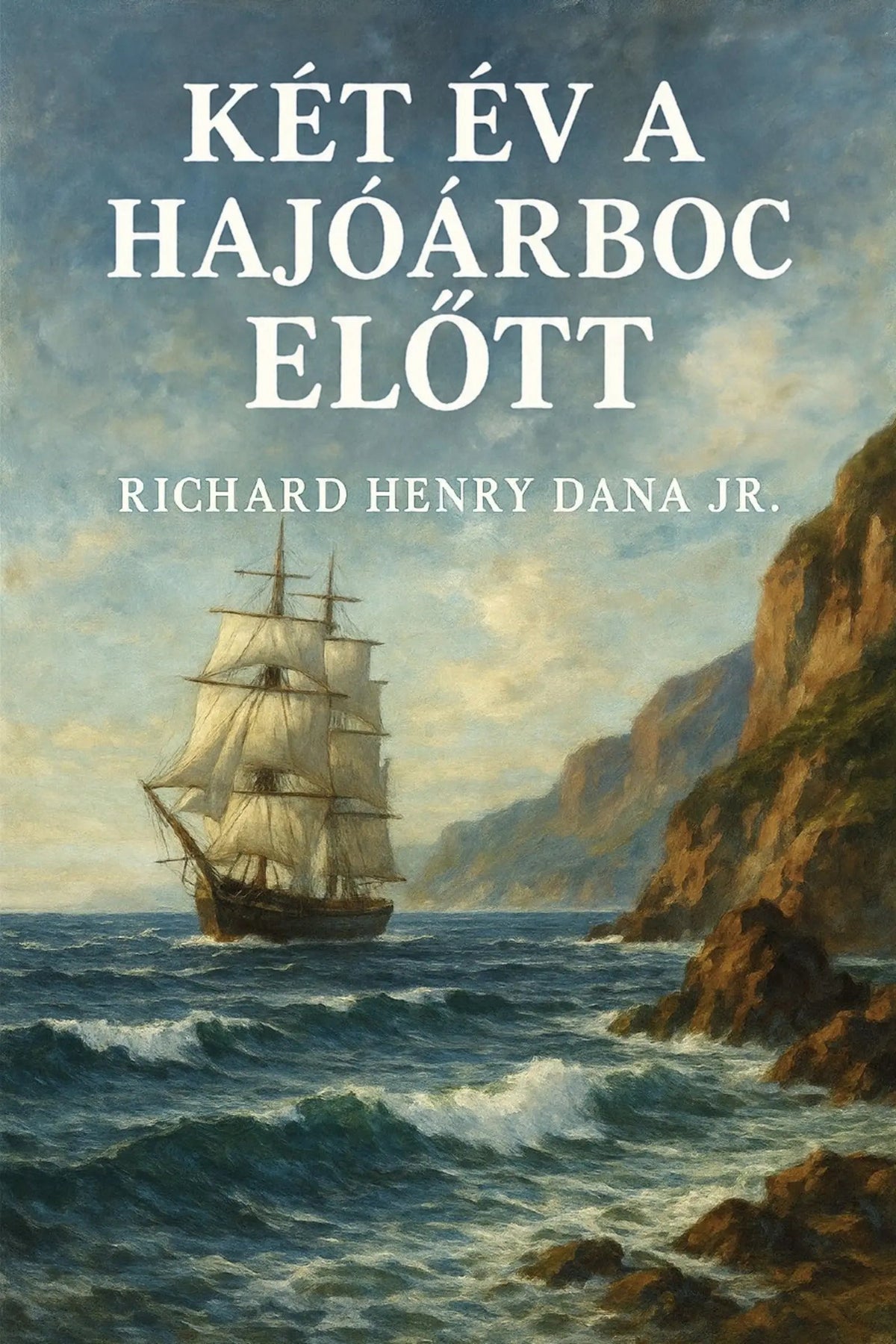 Book cover for 'Két év a hajóárboc előtt' by Richard Henry Dana Jr., featuring a large white title and author name over a painted seascape with a sailing ship, blue-gray sky, and rocky coastline.