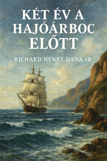 Book cover for 'Két év a hajóárboc előtt' by Richard Henry Dana Jr., featuring a large white title and author name over a painted seascape with a sailing ship, blue-gray sky, and rocky coastline.