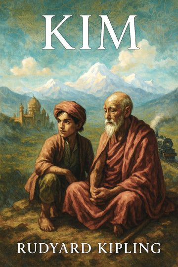 Book cover of 'Kim' by Rudyard Kipling featuring two characters sitting in a scenic landscape.