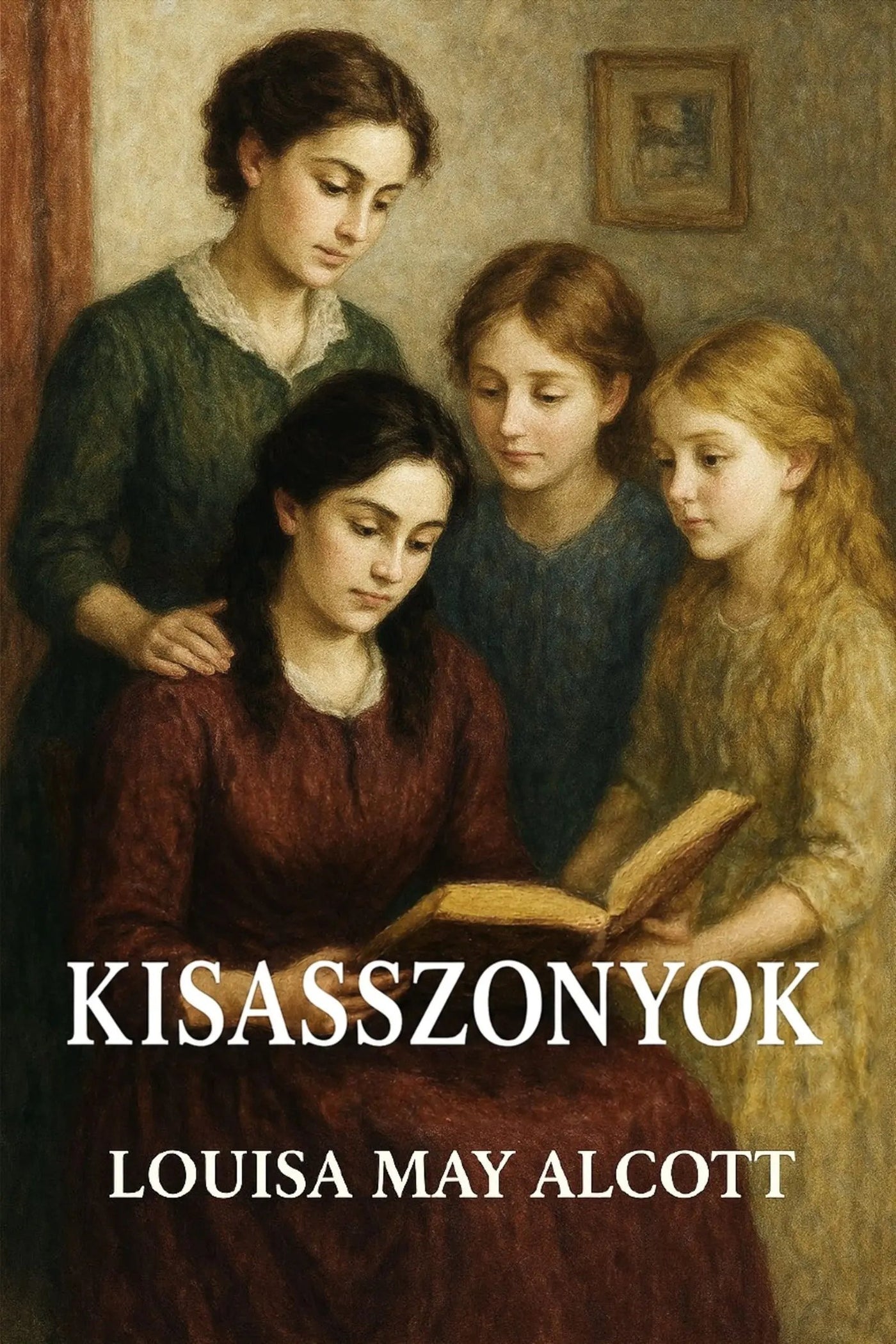 Book cover for 'Kisasszonyok' by Louisa May Alcott, featuring a classical painting of four women gathered around an open book, with the title and author name in white text at the bottom.
